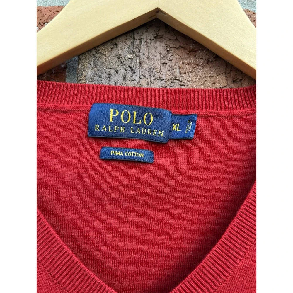 Polo Ralph Lauren Sweater Men XL Red Pima Cotton V Neck Pullover Lightweight
